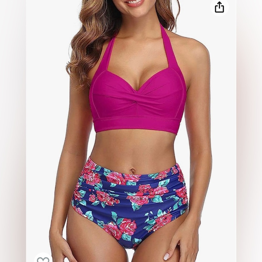 Two Piece Retro Vintage Swimsuit Ruched High Waist Tummy Control Bikini